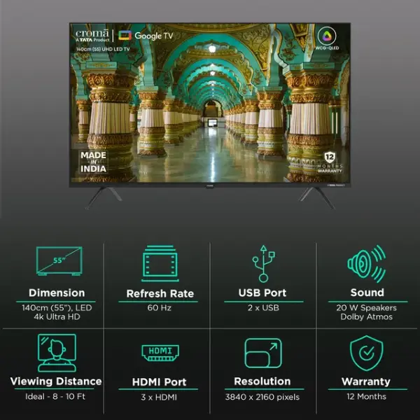 Croma 140 cm (55 inch) LED 4K UHD WCG-QLED Google TV with Dolby Vision